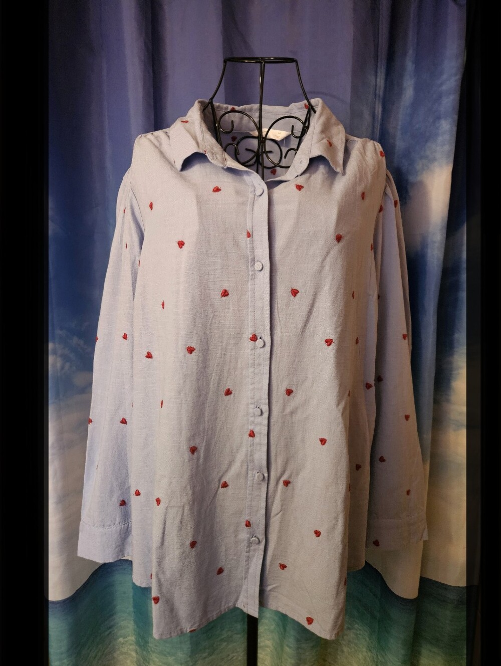 LC Lauren Conrad Light Blue Button-Down Shirt with Red Heart Embroidery